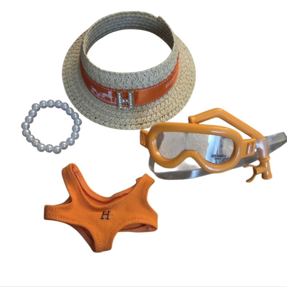 Labubu Luxury Hat, Swimsuit, Snorkle, Pearl Necklace Orange Accessory Set